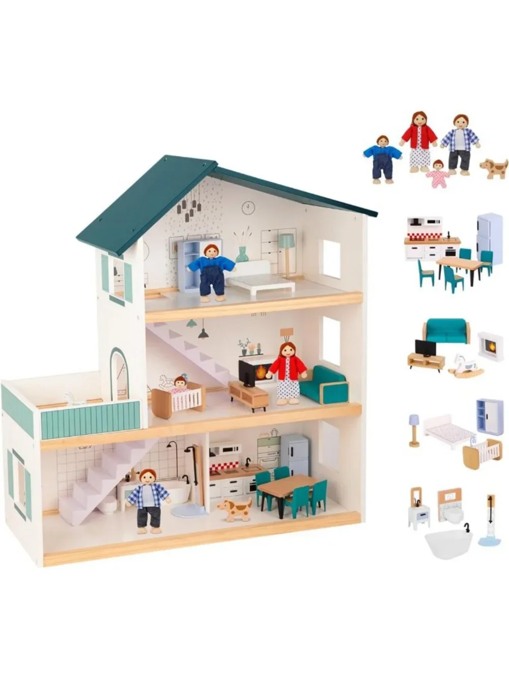 Wooden Dollhouse for Kids with 26 Accessories & Furniture - Fun Playset!